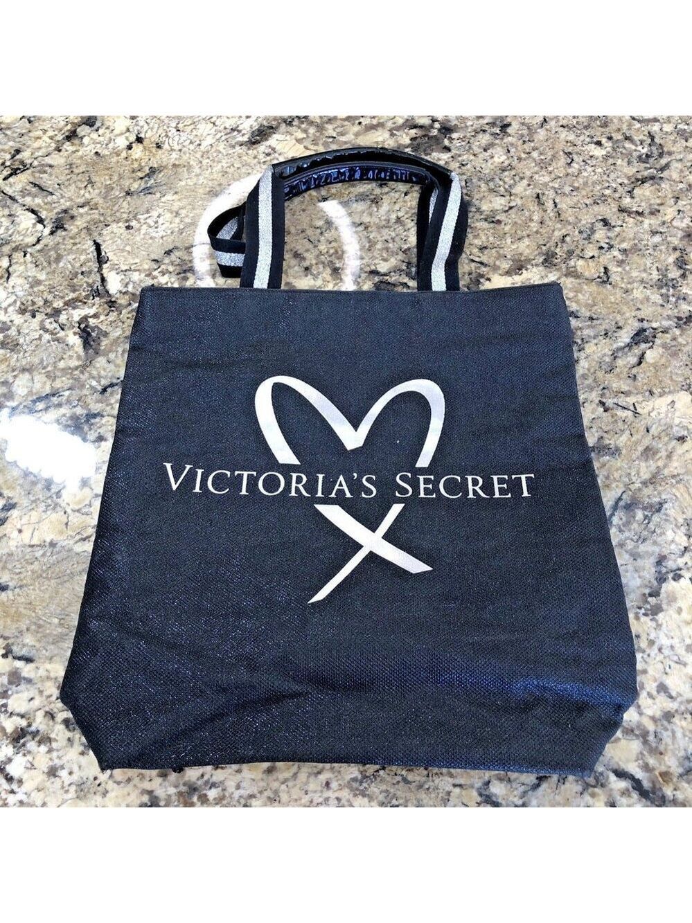 Victoria’s Secret Large Tote Bag Black Silver Heart Logo Handles Shimmery CN